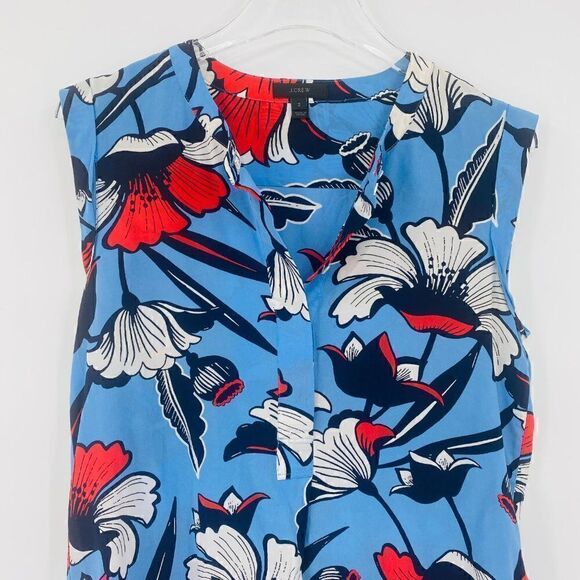 J. Crew Size 2 Blue Sleeveless Silk Popover Shirt in Deco Floral Blouse Top - Picture 3 of 9